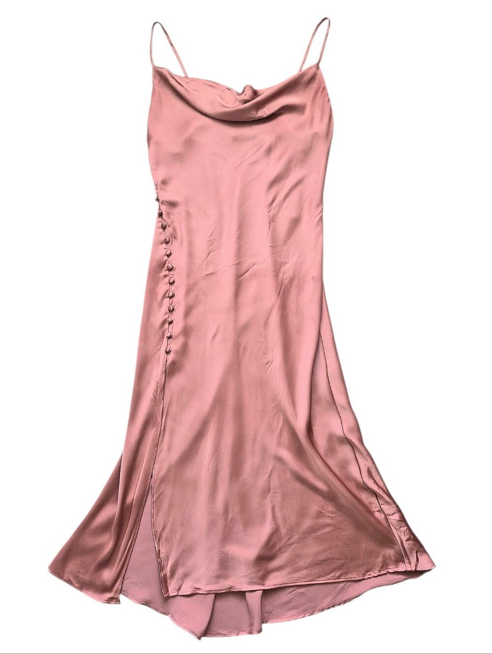 Zara Pink Satin Slip Midi Dress L Cowl Neck Button Slit Cocktail Wedding Guest - Picture 14 of 15